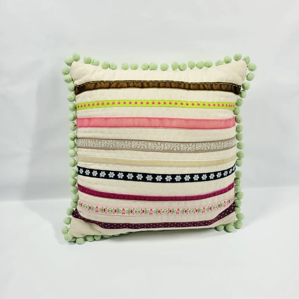 Pottery Barn Kids Floral Dot Ribbon Striped Throw Pillow Pom Pom Discontinued‎